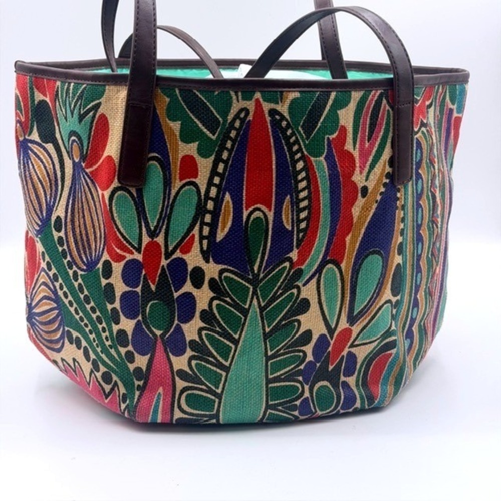 Neiman Marcus Multi Color Abstract‎ Floral Burlap Tote Bag Brown Trim Large